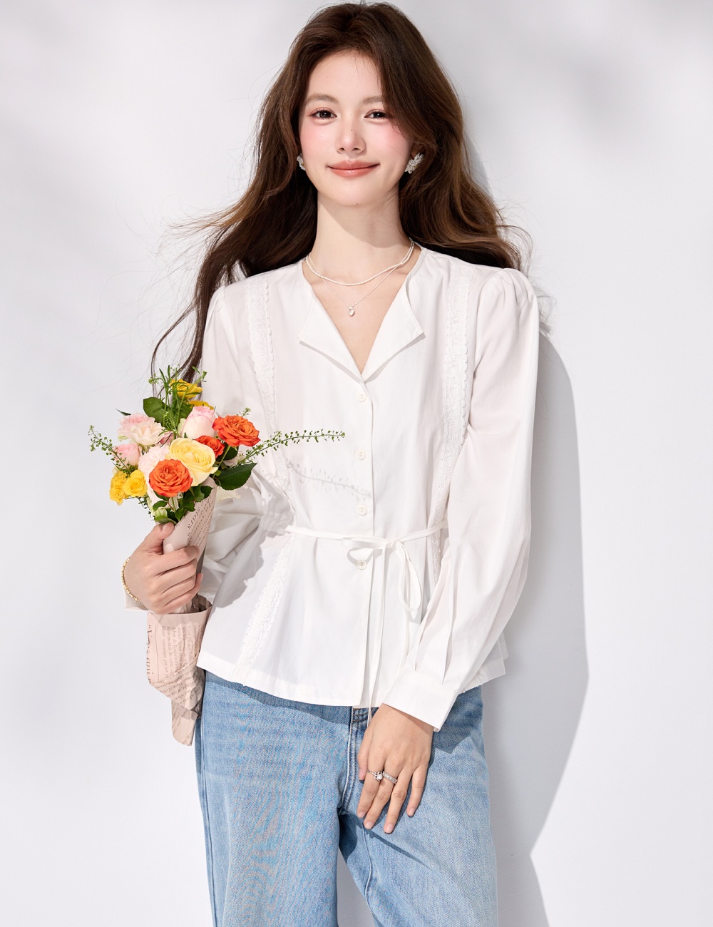 France style pinched waist frenum tops spring V-neck shirt