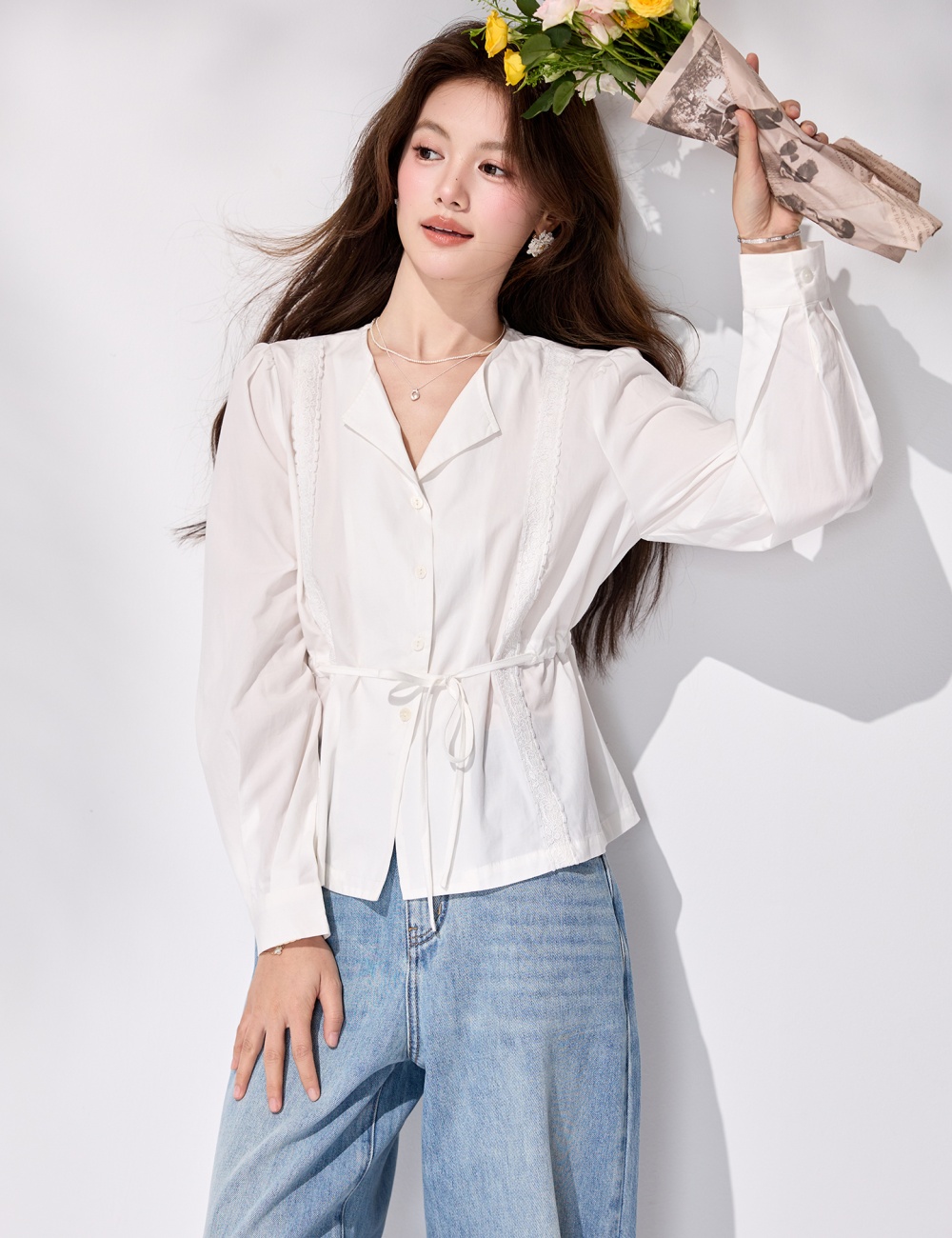 France style pinched waist frenum tops spring V-neck shirt