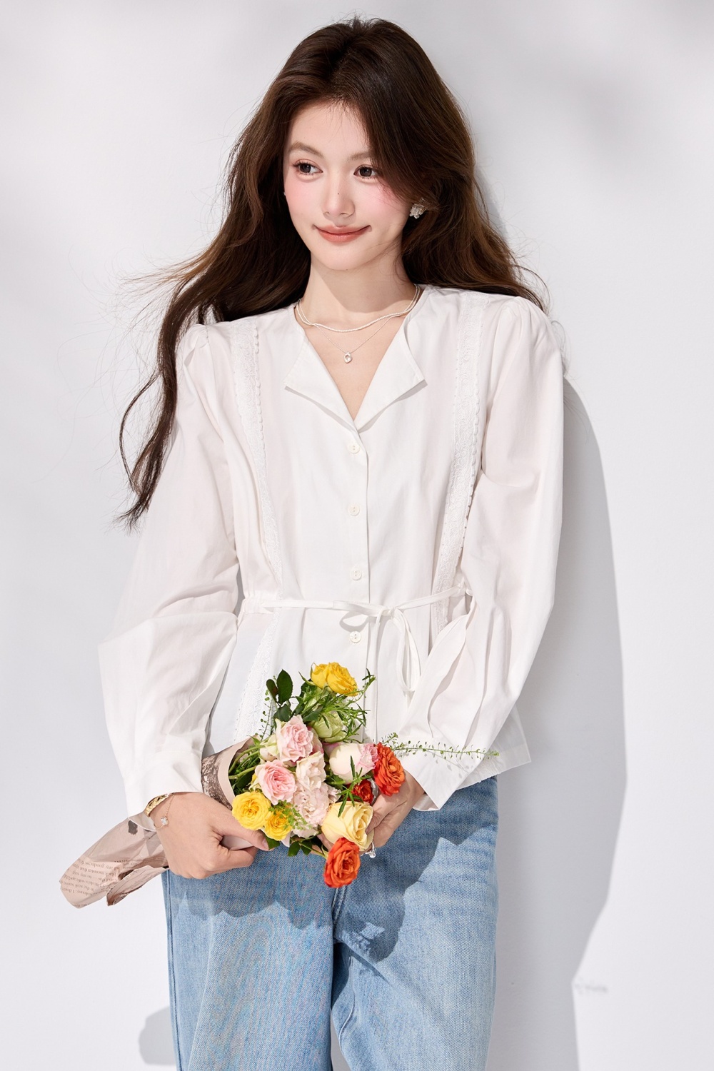 France style pinched waist frenum tops spring V-neck shirt