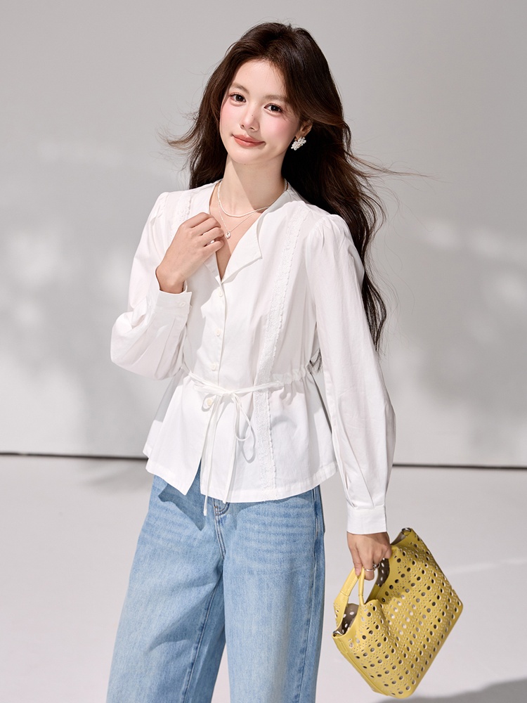 France style pinched waist frenum tops spring V-neck shirt