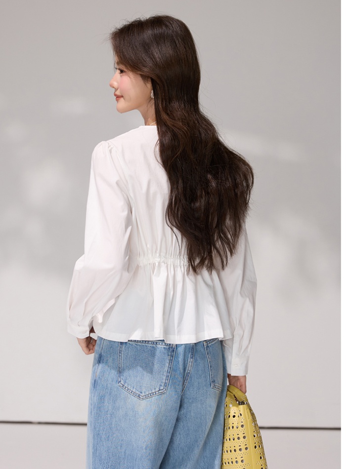 France style pinched waist frenum tops spring V-neck shirt
