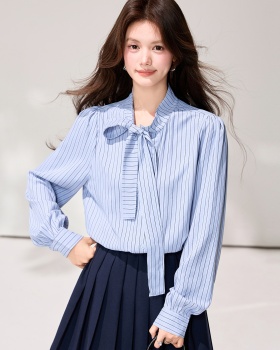 All-match refreshing spring stripe tops bandage slim bow shirt