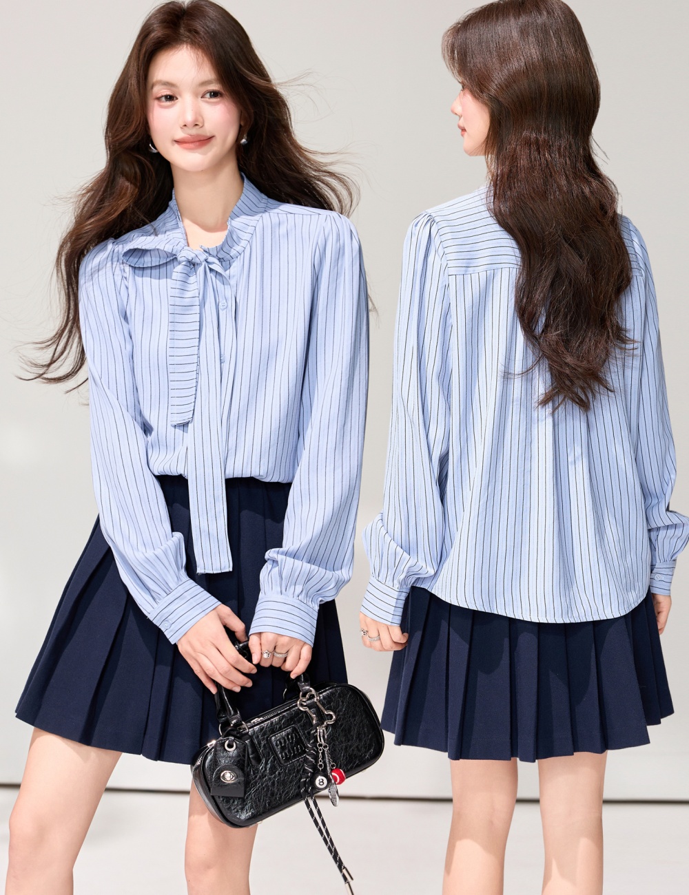 All-match refreshing spring stripe tops bandage slim bow shirt
