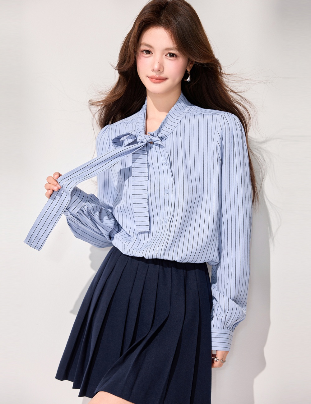 All-match refreshing spring stripe tops bandage slim bow shirt