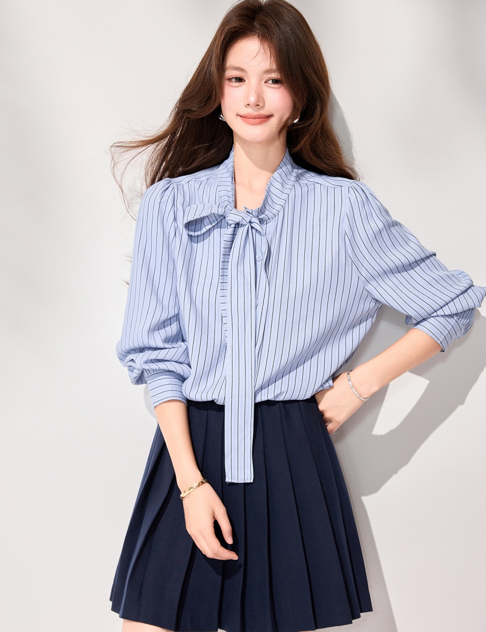 All-match refreshing spring stripe tops bandage slim bow shirt