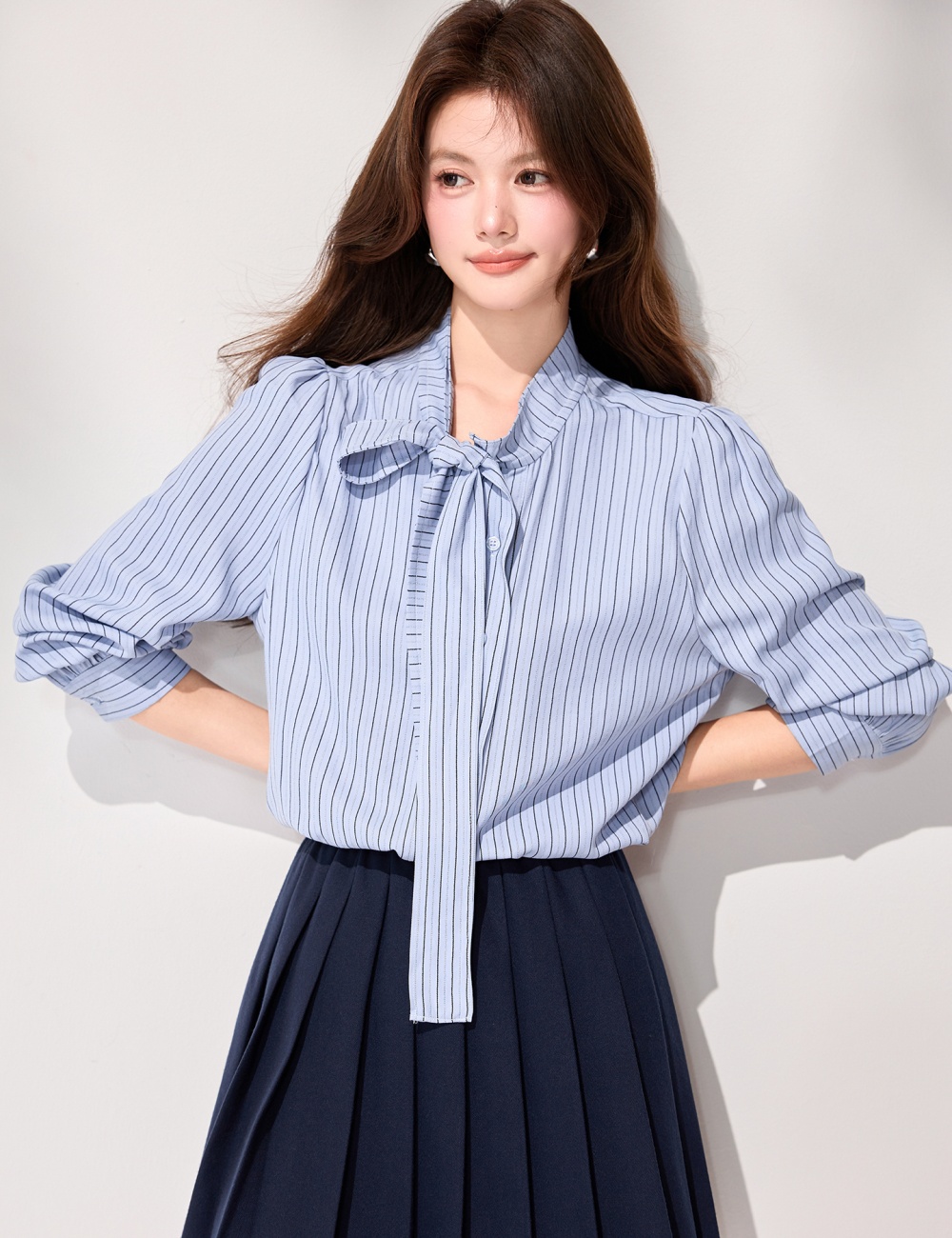 All-match refreshing spring stripe tops bandage slim bow shirt