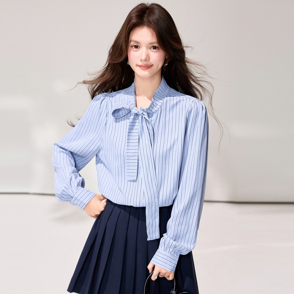 All-match refreshing spring stripe tops bandage slim bow shirt