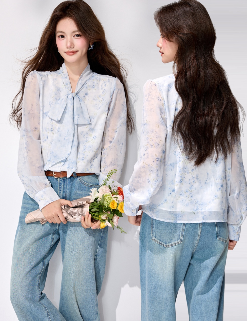 Streamer spring chiffon shirt printing long sleeve tops