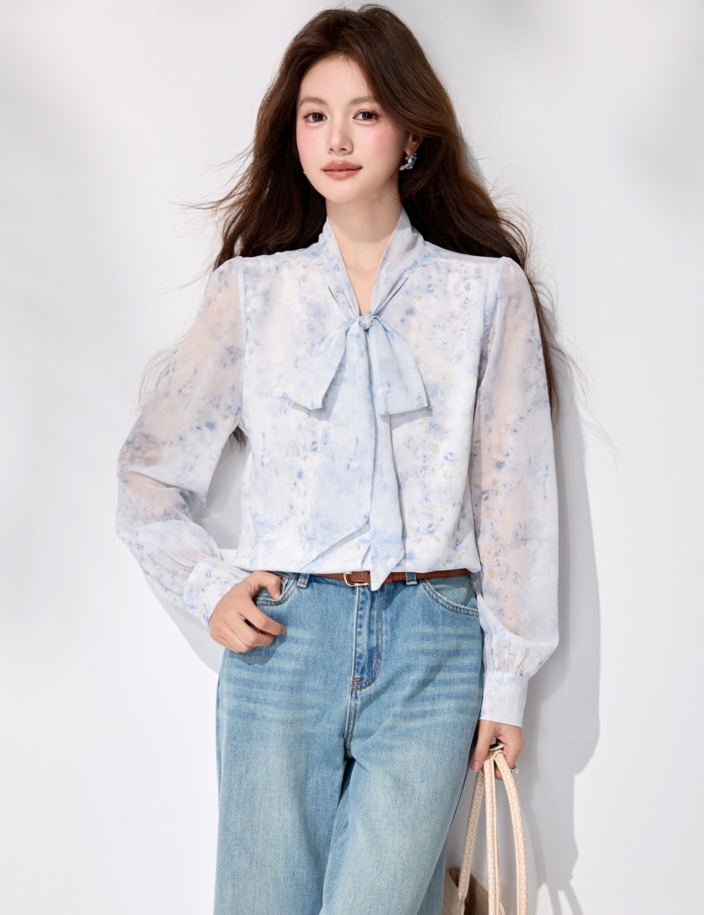 Streamer spring chiffon shirt printing long sleeve tops