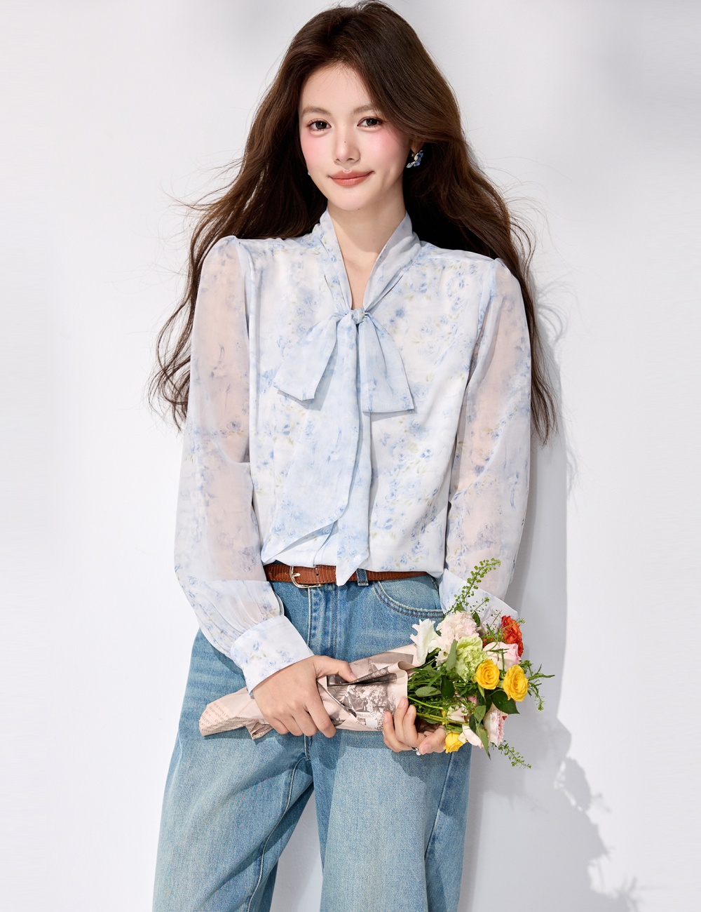 Streamer spring chiffon shirt printing long sleeve tops