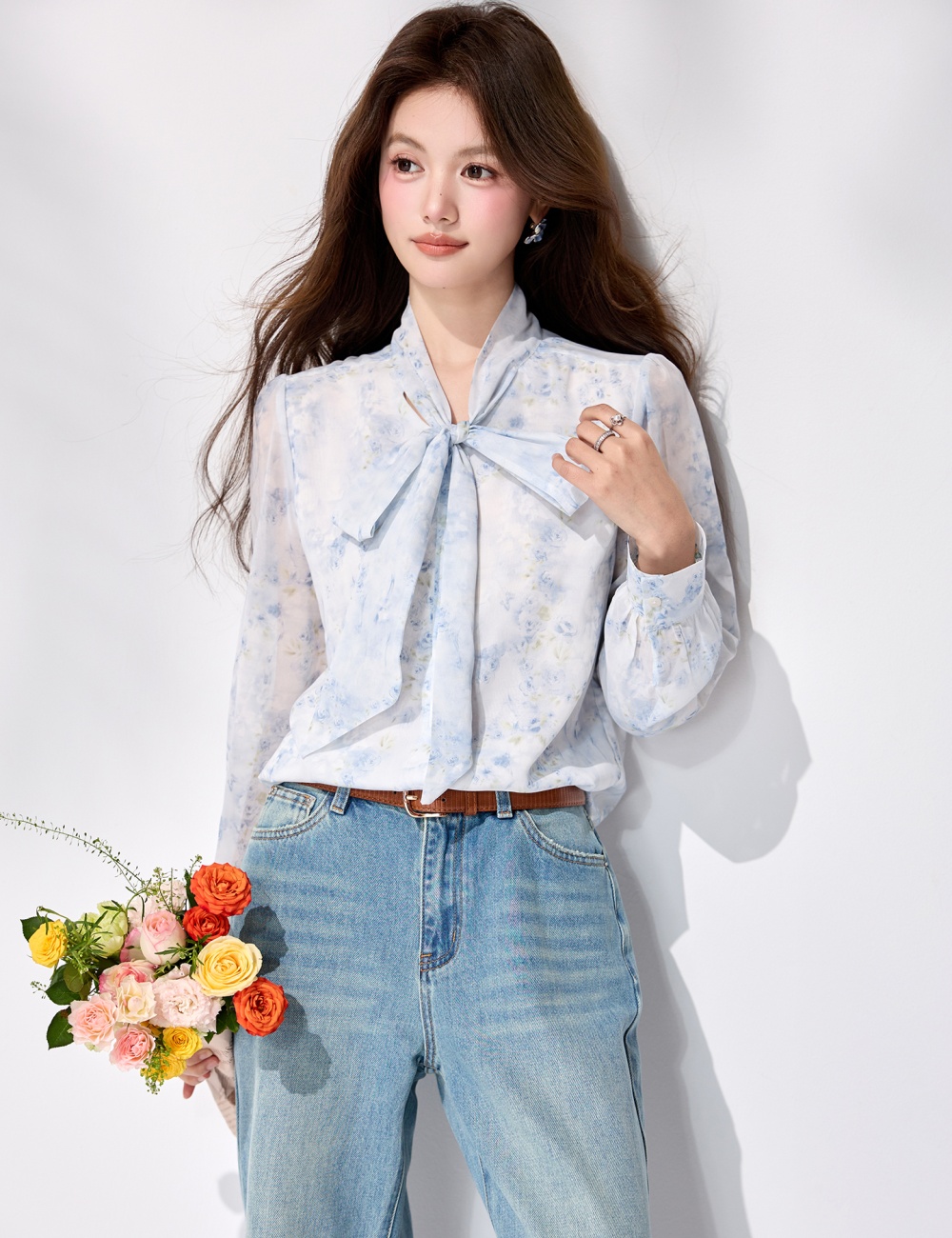 Streamer spring chiffon shirt printing long sleeve tops