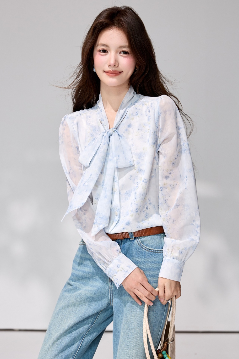 Streamer spring chiffon shirt printing long sleeve tops