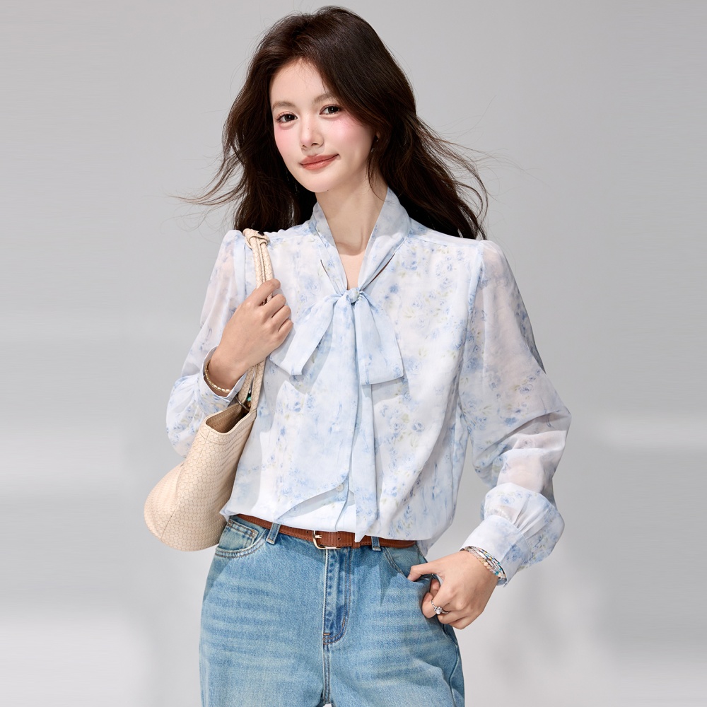 Streamer spring chiffon shirt printing long sleeve tops