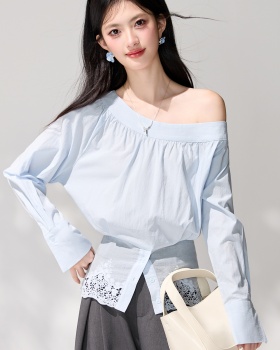Strapless loose oblique collar tops lace irregular shirt