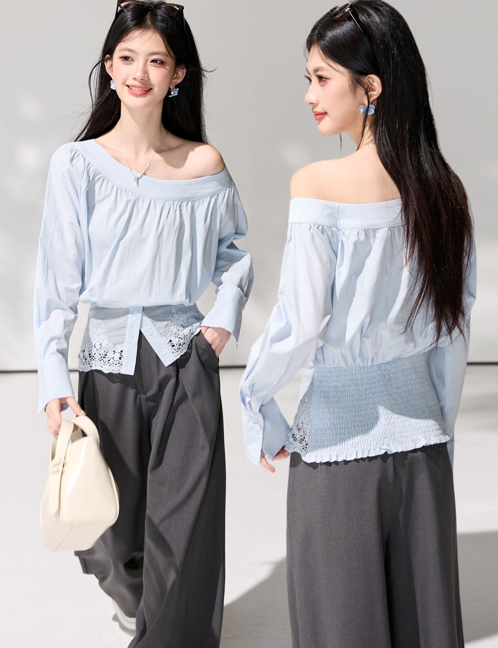 Strapless loose oblique collar tops lace irregular shirt