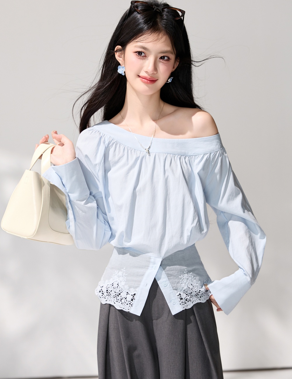 Strapless loose oblique collar tops lace irregular shirt
