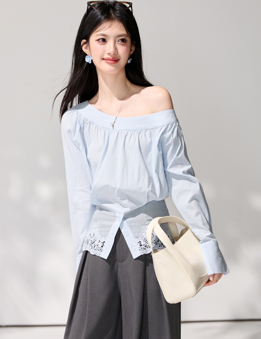 Strapless loose oblique collar tops lace irregular shirt