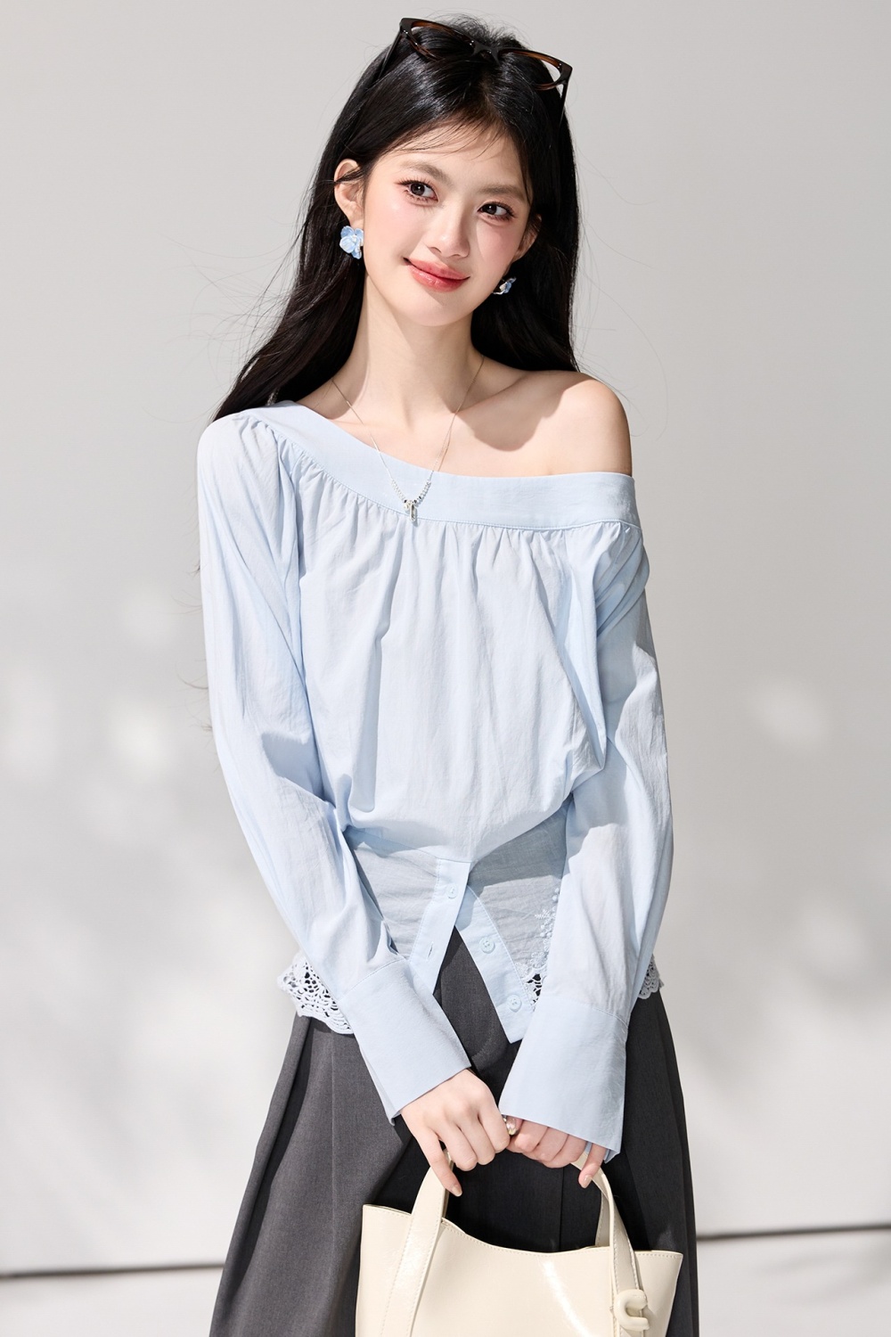 Strapless loose oblique collar tops lace irregular shirt