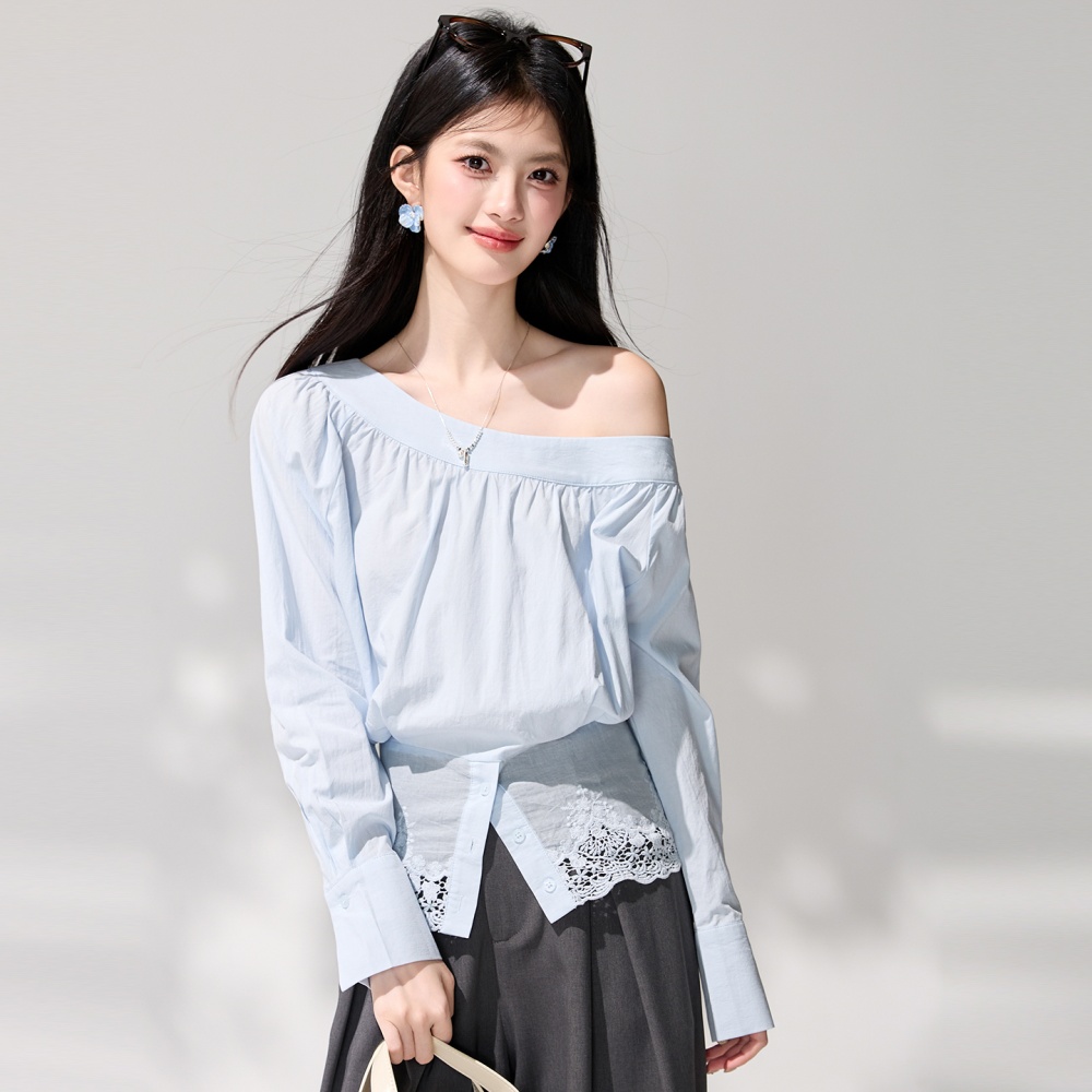 Strapless loose oblique collar tops lace irregular shirt