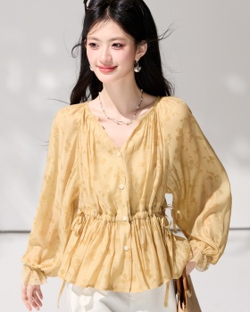 Lantern sleeve printing obscure shirt drawstring spring tops