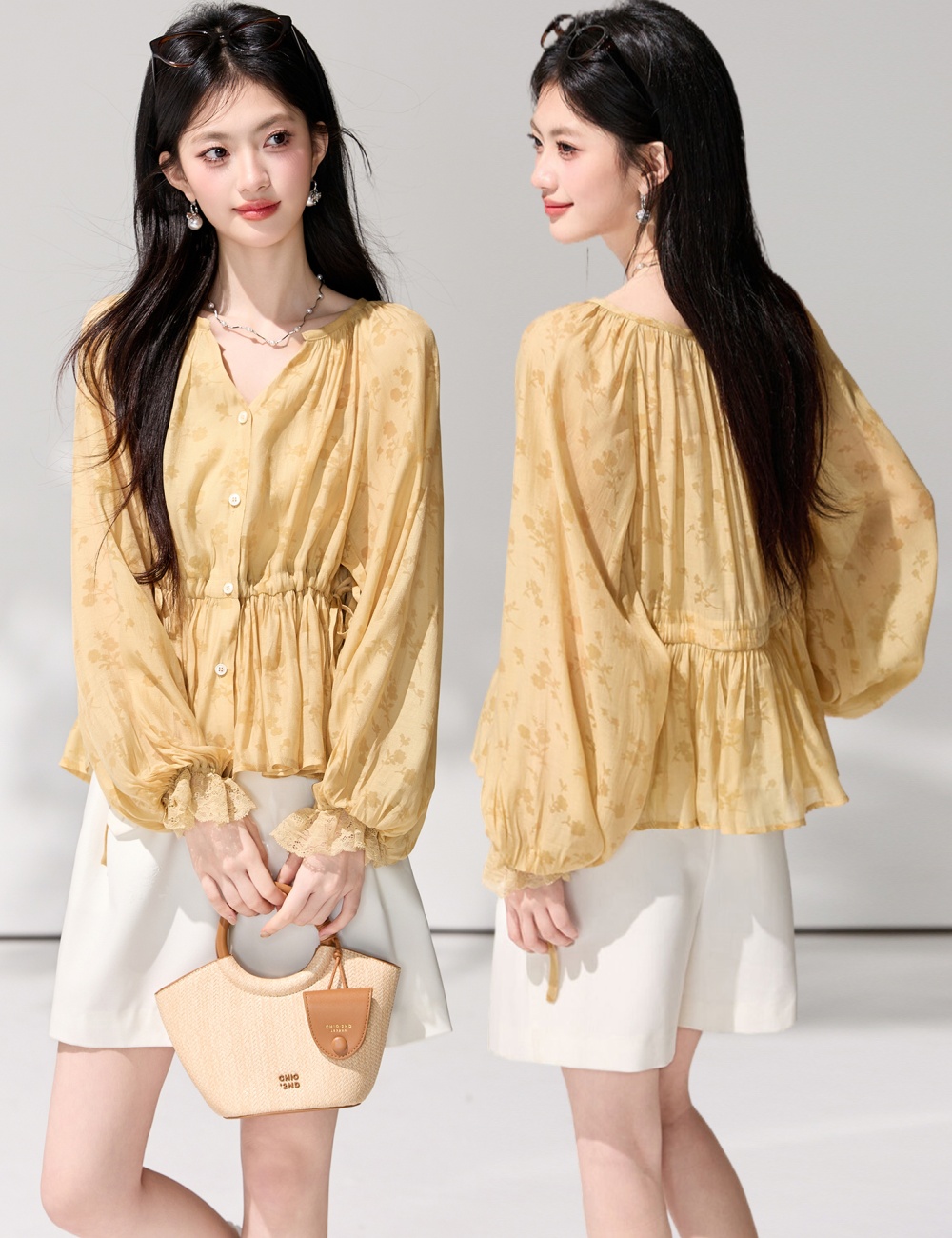 Lantern sleeve printing obscure shirt drawstring spring tops