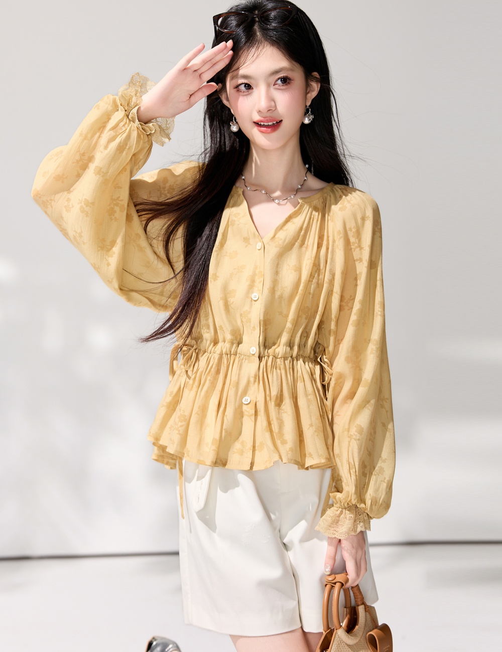 Lantern sleeve printing obscure shirt drawstring spring tops