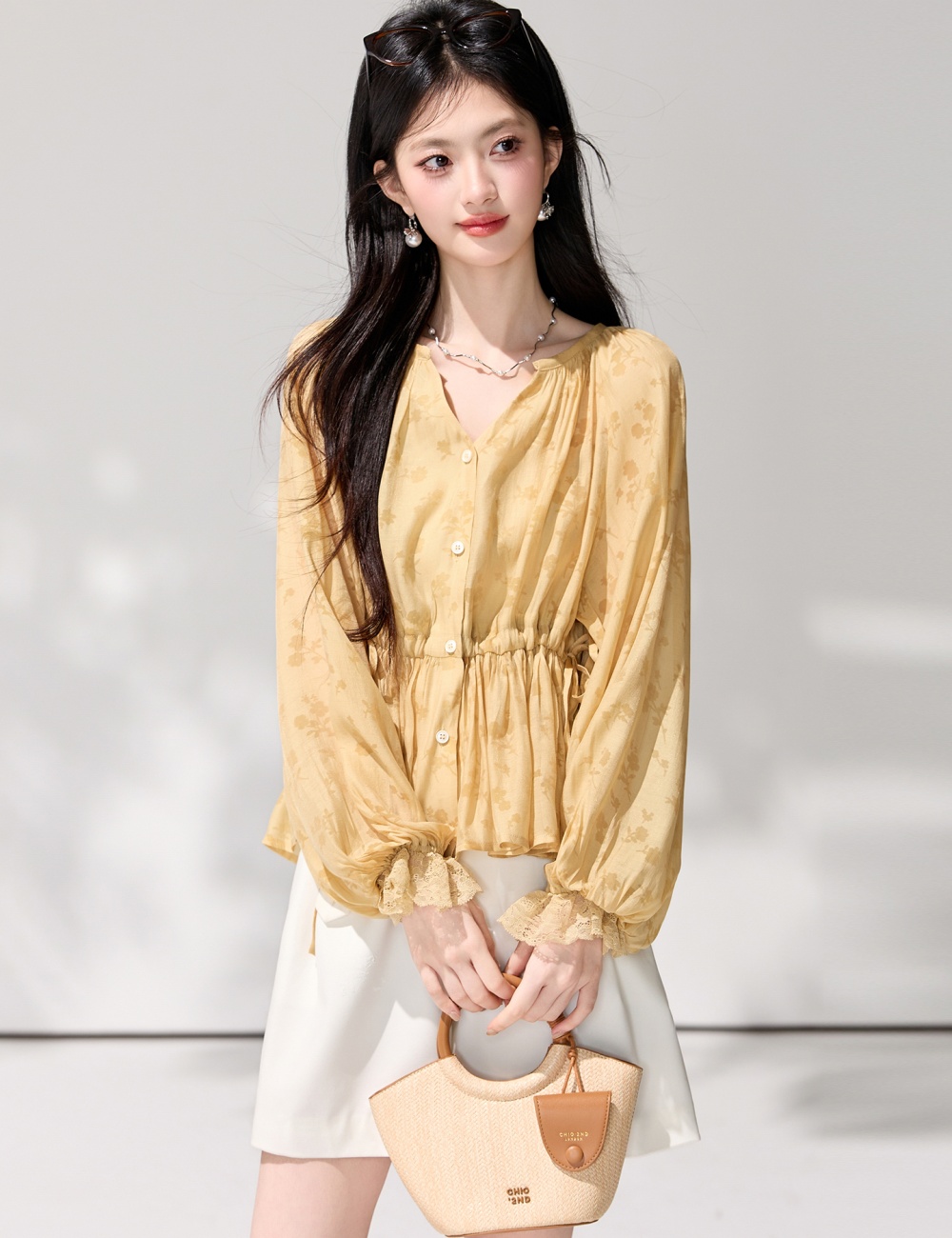 Lantern sleeve printing obscure shirt drawstring spring tops