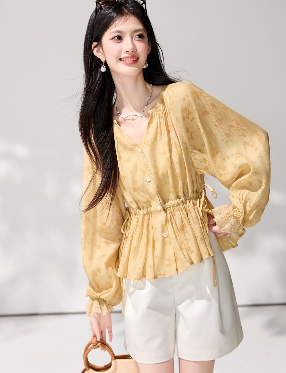 Lantern sleeve printing obscure shirt drawstring spring tops