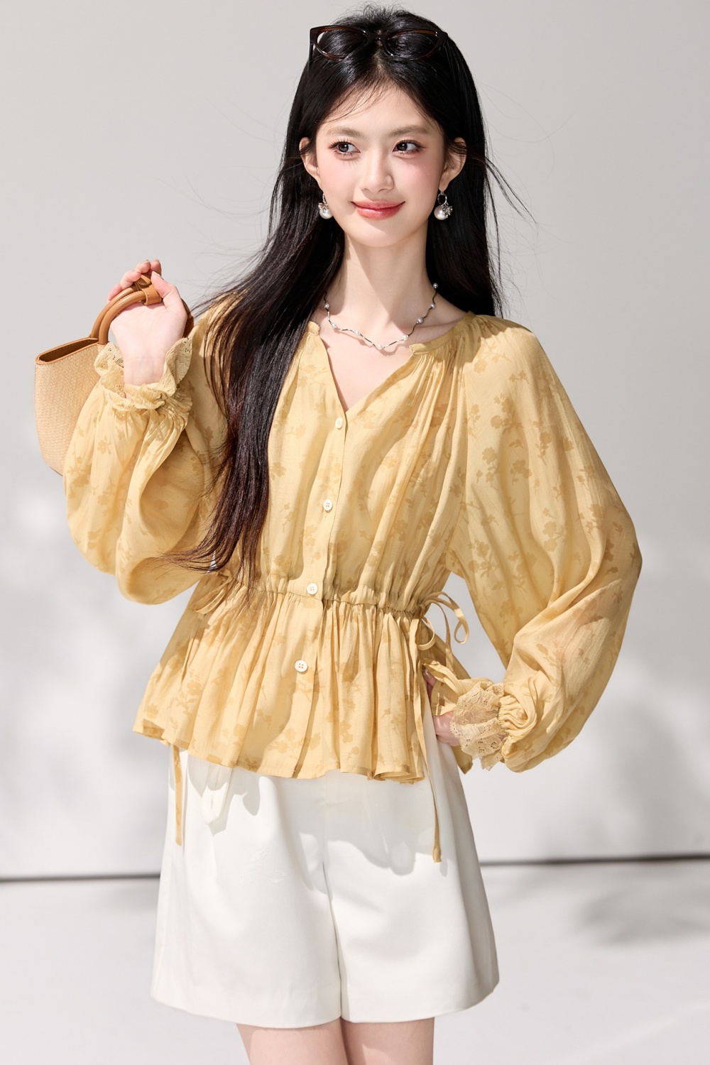 Lantern sleeve printing obscure shirt drawstring spring tops