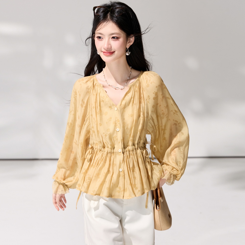 Lantern sleeve printing obscure shirt drawstring spring tops