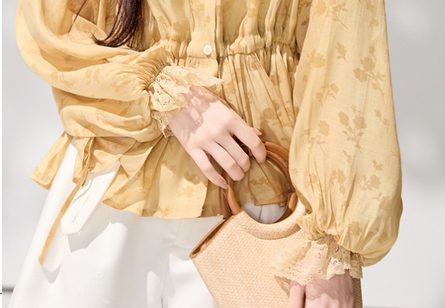 Lantern sleeve printing obscure shirt drawstring spring tops