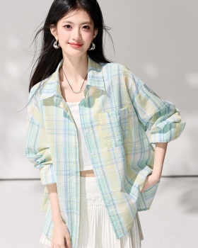 Lazy plaid spring tops loose long sleeve shirt