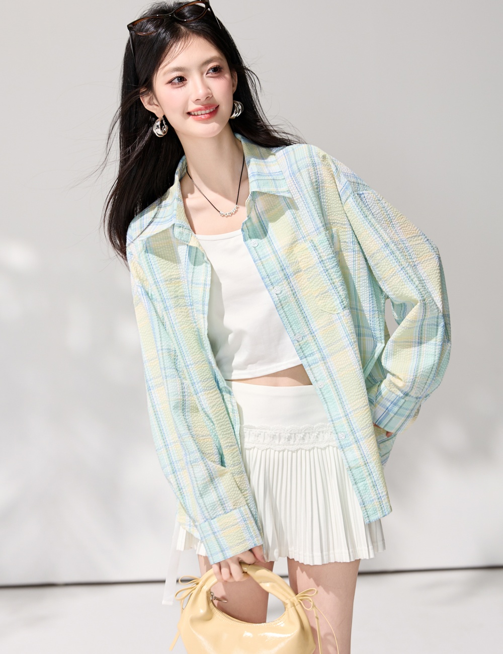 Lazy plaid spring tops loose long sleeve shirt