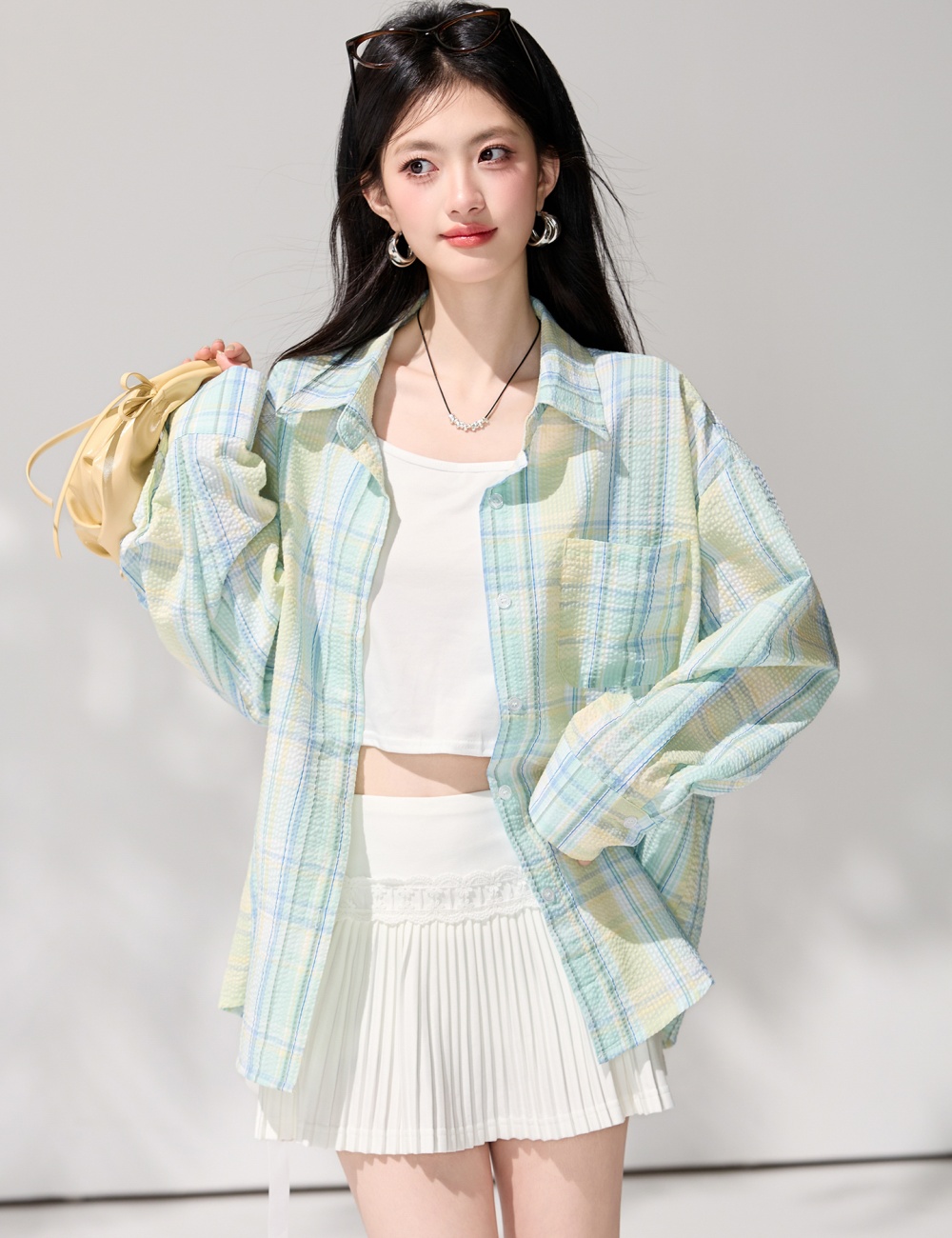 Lazy plaid spring tops loose long sleeve shirt