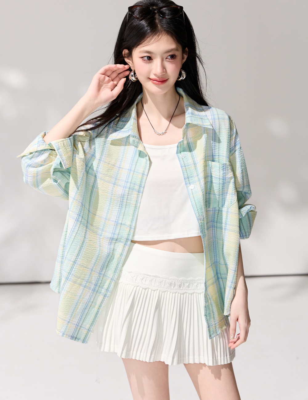 Lazy plaid spring tops loose long sleeve shirt