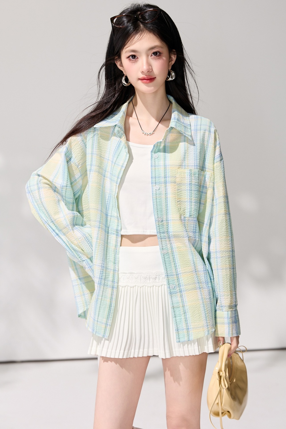 Lazy plaid spring tops loose long sleeve shirt