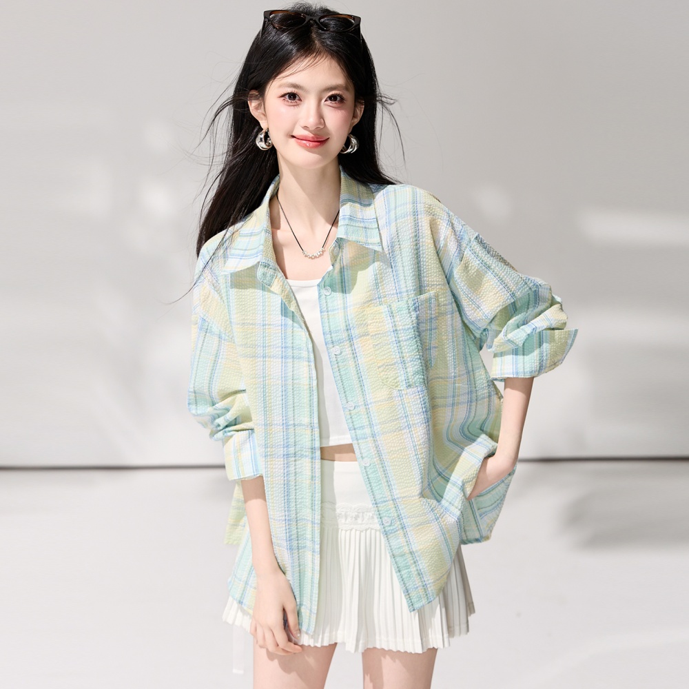 Lazy plaid spring tops loose long sleeve shirt