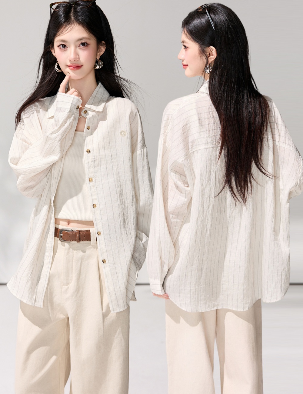 Wears outside loose tops spring stripe sun shirt for women