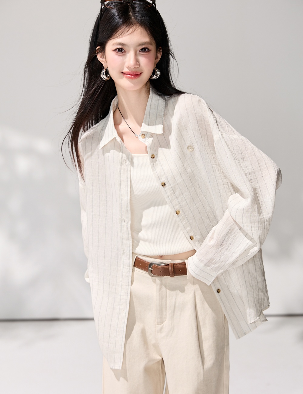 Wears outside loose tops spring stripe sun shirt for women