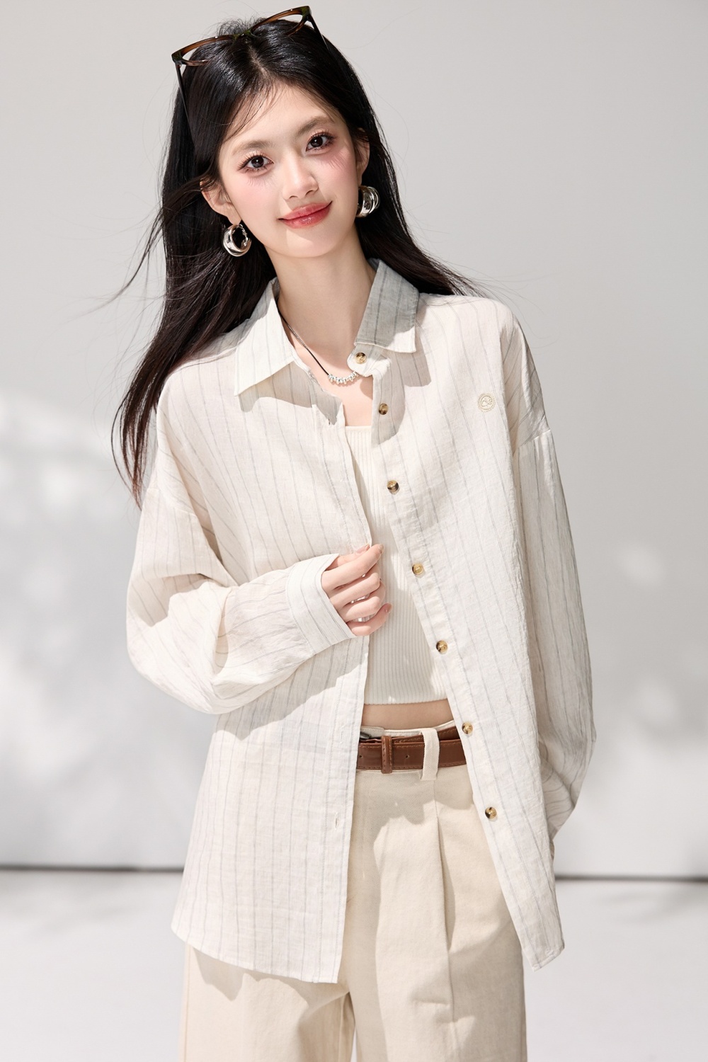 Wears outside loose tops spring stripe sun shirt for women