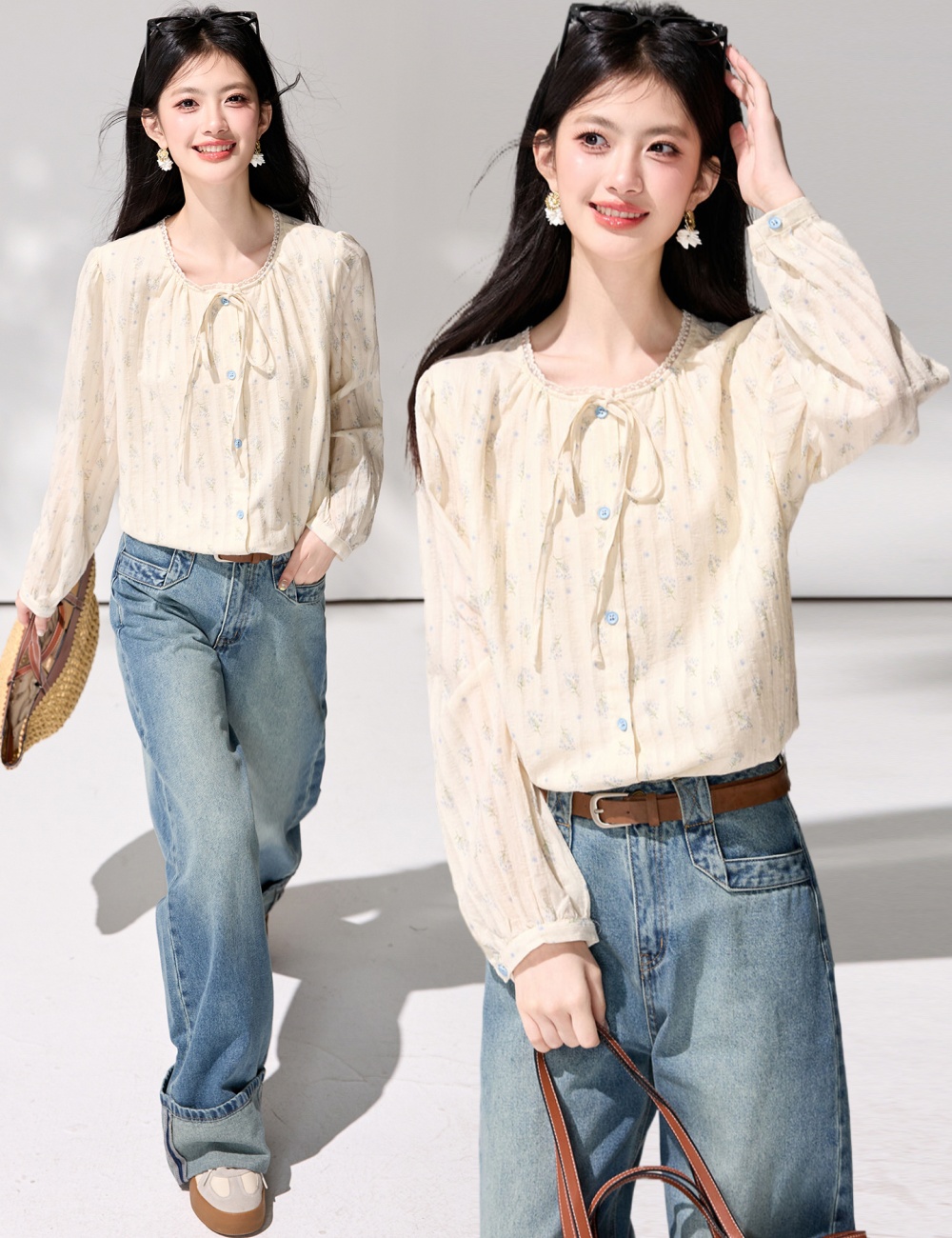 Floral France style small shirt commuting shirt