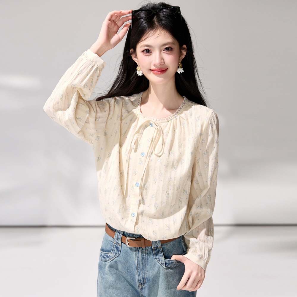 Floral France style small shirt commuting shirt