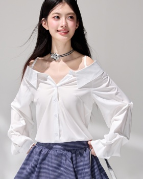 Puff sleeve irregular V-neck tops strapless sling shirt