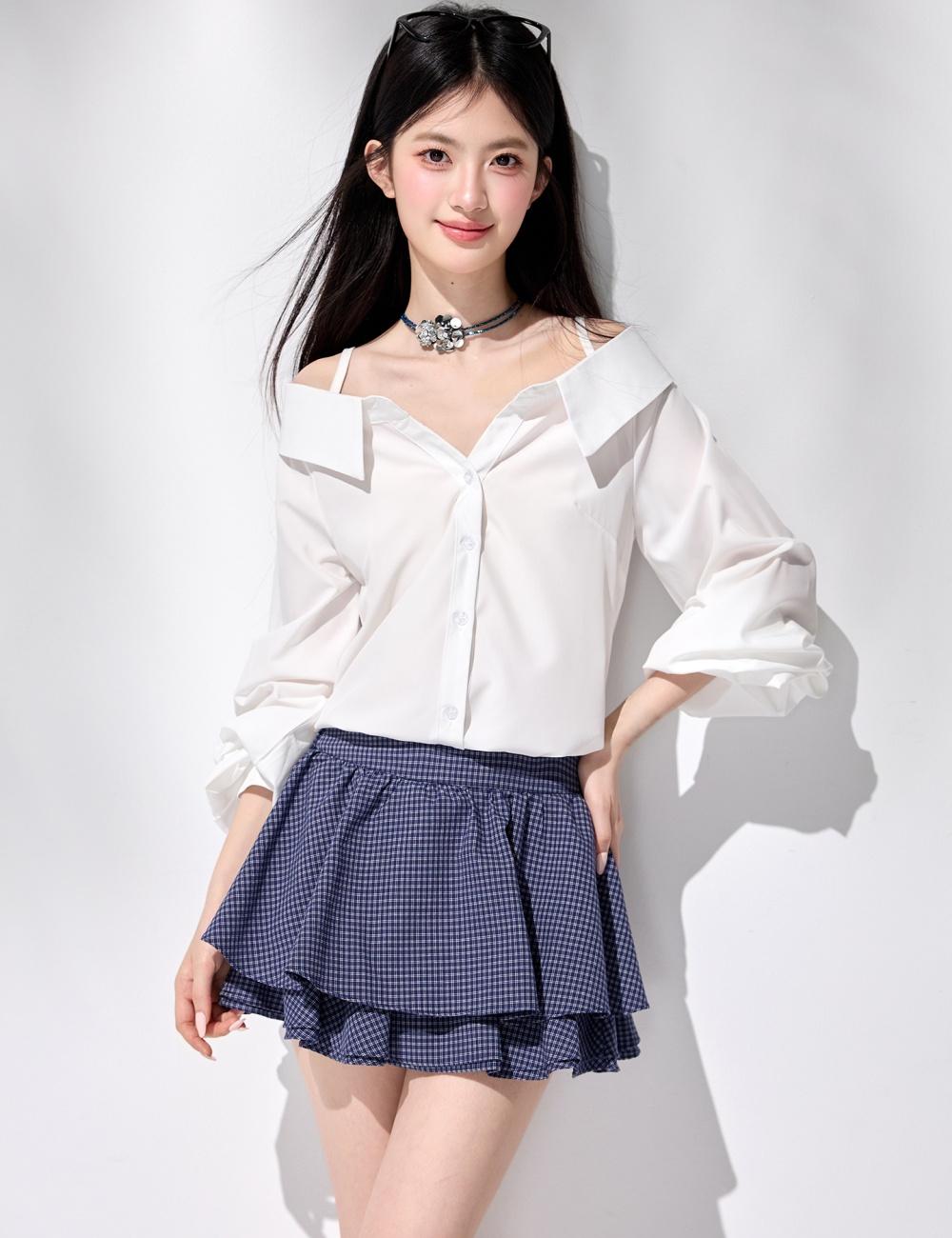 Puff sleeve irregular V-neck tops strapless sling shirt