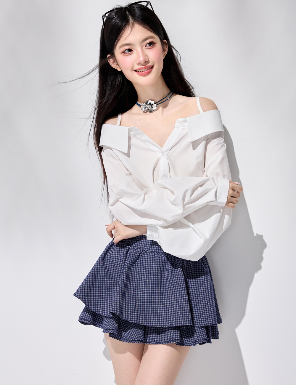 Puff sleeve irregular V-neck tops strapless sling shirt