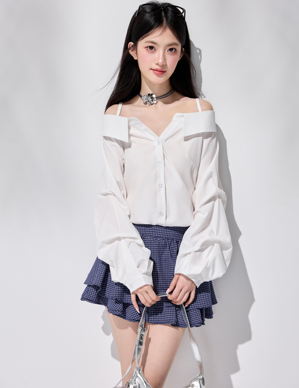 Puff sleeve irregular V-neck tops strapless sling shirt