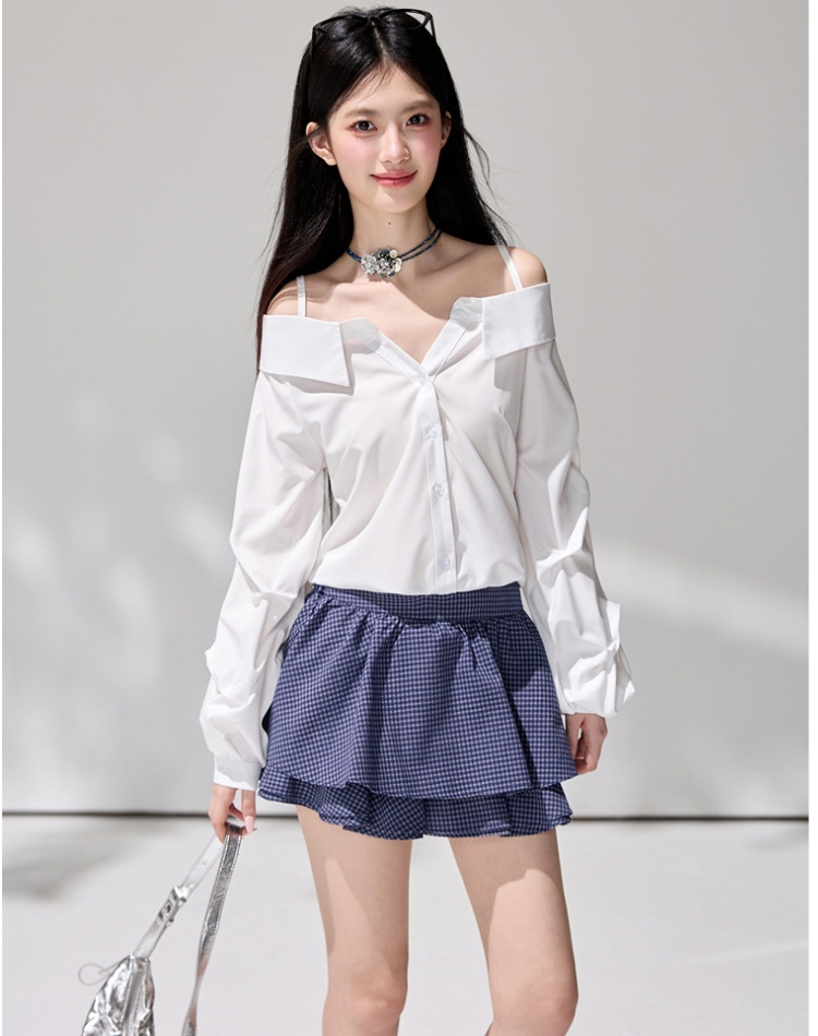 Puff sleeve irregular V-neck tops strapless sling shirt