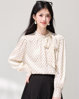 Satin long sleeve temperament bow cstand collar shirt