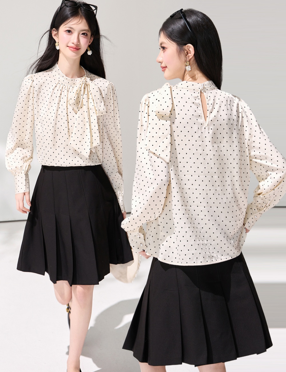 Satin long sleeve temperament bow cstand collar shirt