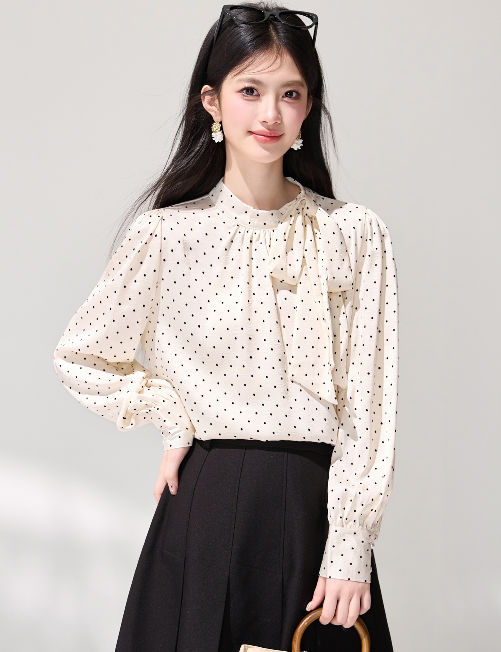 Satin long sleeve temperament bow cstand collar shirt